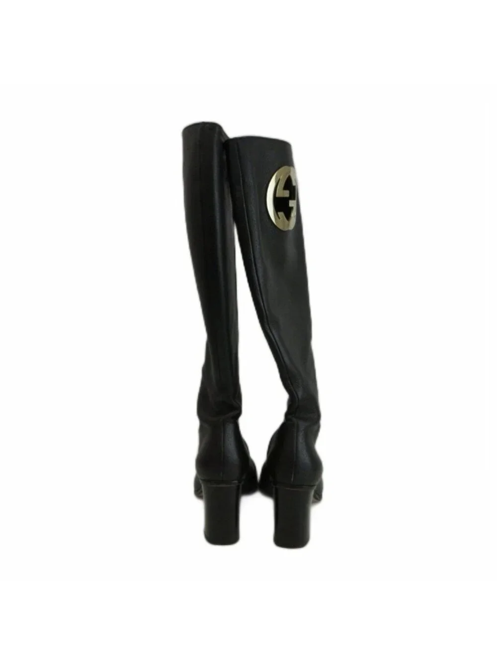 Gucci Long Boots Pebbled Leather Round Toe Chunky Heel Interlocking G Gold